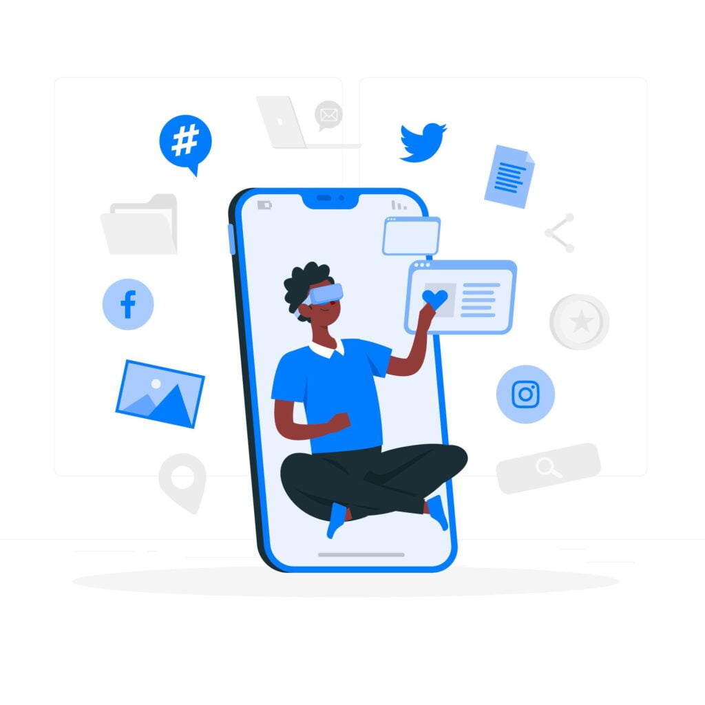 Illustration of a person wearing a VR representing Social Media Advertising Strategy